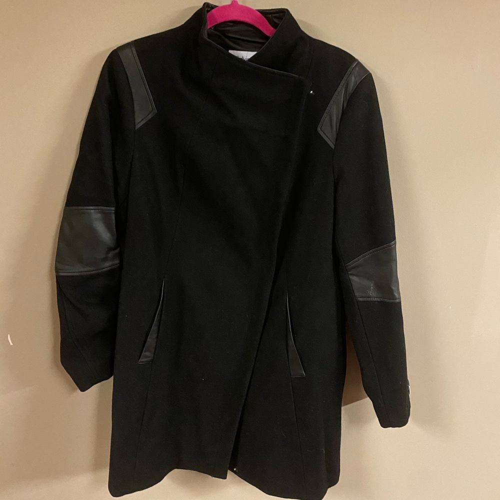 Calvin Klein wool coat with faux leather accents